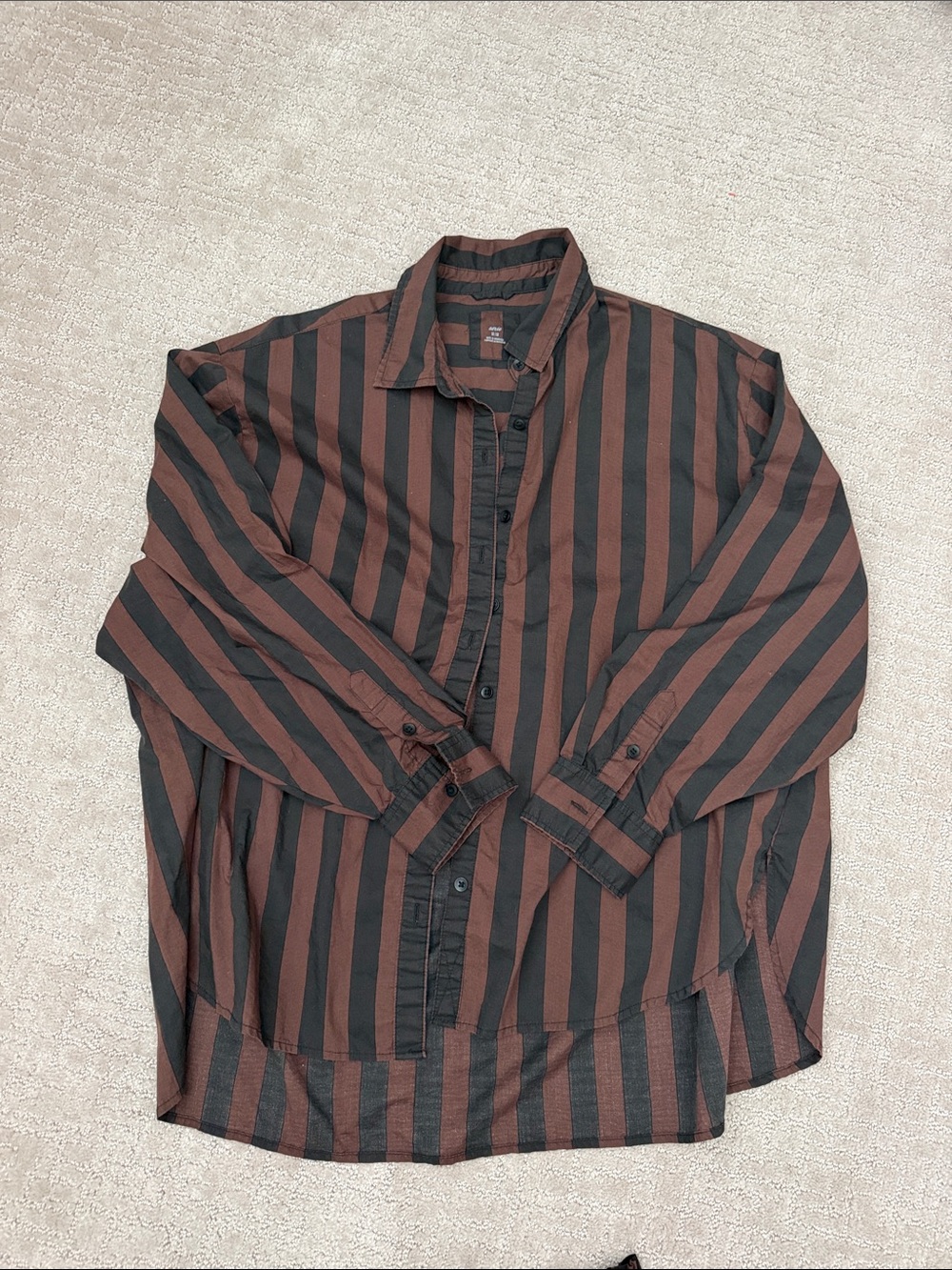 aerie Brown and Black Vertical Stripe Button-Down Shirt